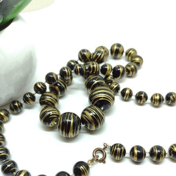 Black and Antique Gold Pearl Like Bead Necklace Knotted and Graduated - Picture 5 of 5